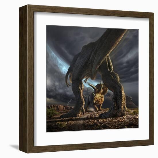 A Tyrannosaurus Rex and Triceratops in a Classic Face Off-null-Framed Art Print