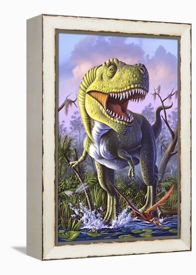 A Tyrannosaurus Rex Crashes Through a Swamp-null-Framed Stretched Canvas