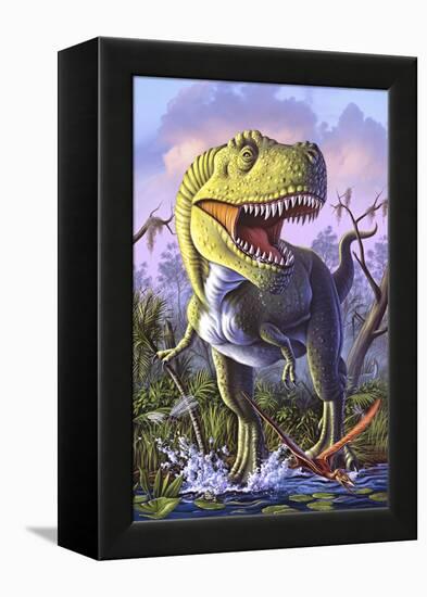 A Tyrannosaurus Rex Crashes Through a Swamp-null-Framed Stretched Canvas