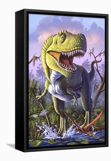 A Tyrannosaurus Rex Crashes Through a Swamp-null-Framed Stretched Canvas