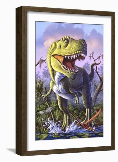 A Tyrannosaurus Rex Crashes Through a Swamp-null-Framed Premium Giclee Print