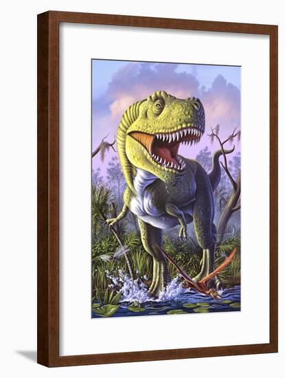 A Tyrannosaurus Rex Crashes Through a Swamp-null-Framed Art Print
