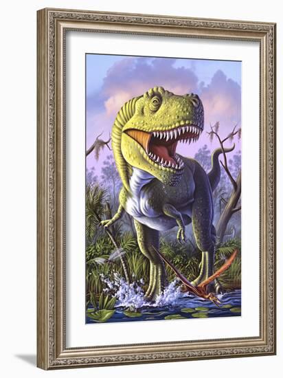 A Tyrannosaurus Rex Crashes Through a Swamp-null-Framed Art Print