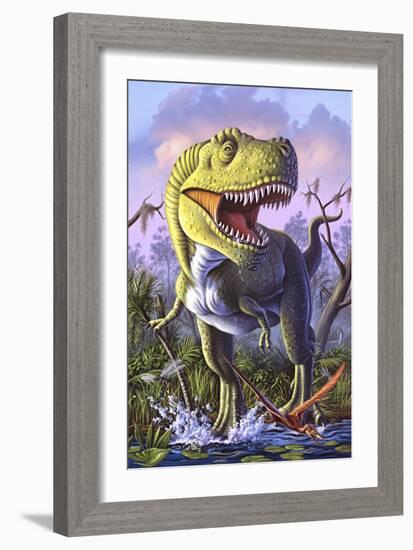 A Tyrannosaurus Rex Crashes Through a Swamp-null-Framed Art Print