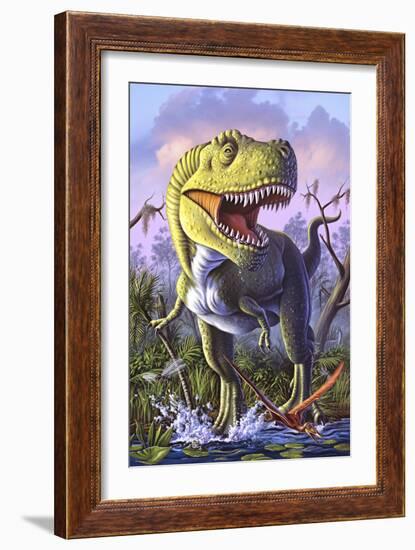 A Tyrannosaurus Rex Crashes Through a Swamp-null-Framed Art Print