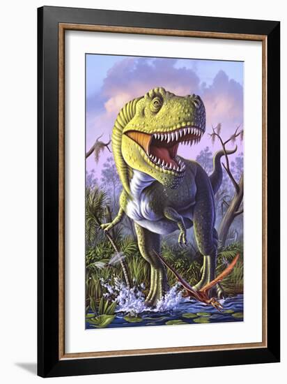 A Tyrannosaurus Rex Crashes Through a Swamp-null-Framed Art Print