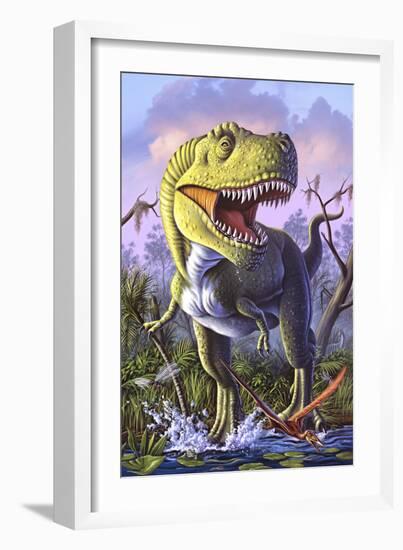 A Tyrannosaurus Rex Crashes Through a Swamp-null-Framed Art Print