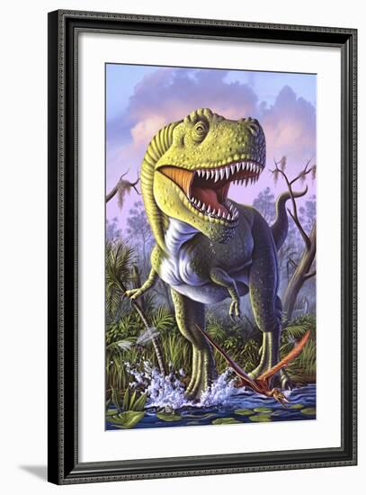 A Tyrannosaurus Rex Crashes Through a Swamp-null-Framed Art Print