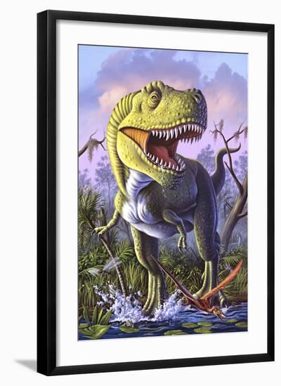 A Tyrannosaurus Rex Crashes Through a Swamp-null-Framed Art Print