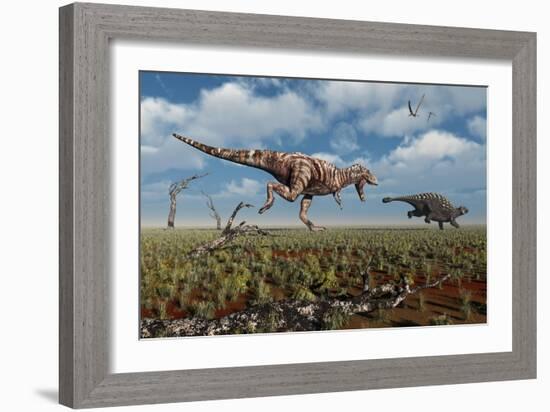 A Tyrannosaurus Rex Giving Chase to an Ankylosaurus-null-Framed Art Print