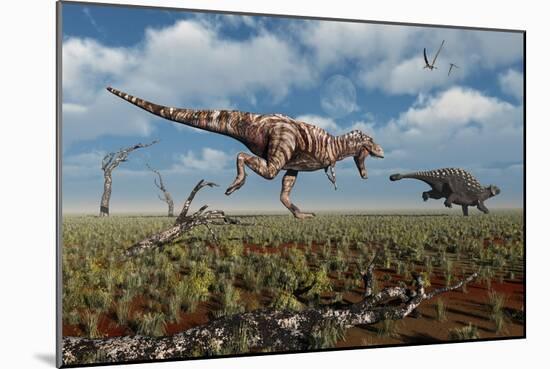 A Tyrannosaurus Rex Giving Chase to an Ankylosaurus-null-Mounted Art Print