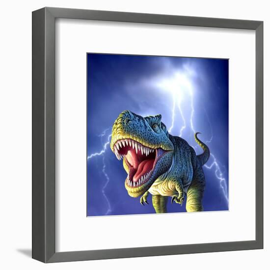 A Tyrannosaurus Rex with a Blue Stormy Sky and Lightning Behind It-null-Framed Art Print