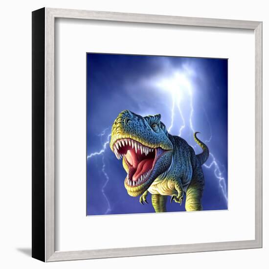 A Tyrannosaurus Rex with a Blue Stormy Sky and Lightning Behind It-null-Framed Art Print