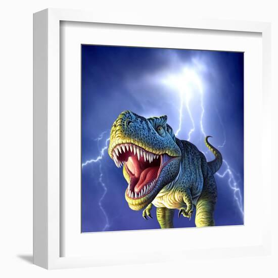 A Tyrannosaurus Rex with a Blue Stormy Sky and Lightning Behind It-null-Framed Art Print