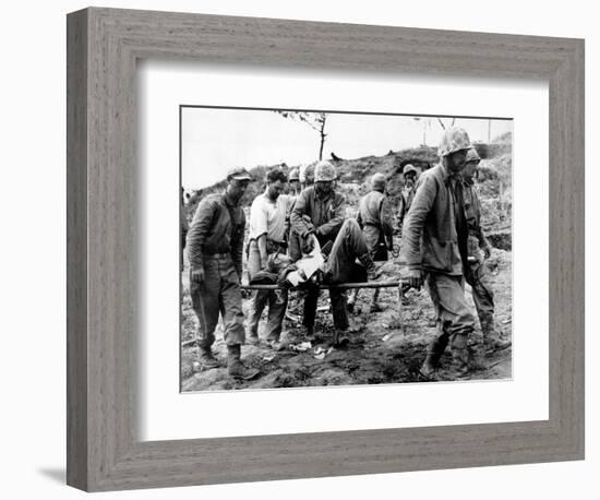 A U.S. Navy Corpsman Administers Blood Plasma to a Wounded Marine-null-Framed Photographic Print