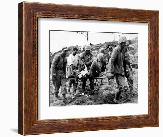 A U.S. Navy Corpsman Administers Blood Plasma to a Wounded Marine-null-Framed Photographic Print