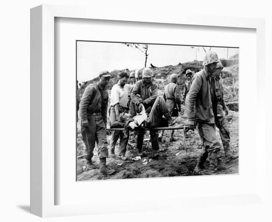 A U.S. Navy Corpsman Administers Blood Plasma to a Wounded Marine-null-Framed Photographic Print