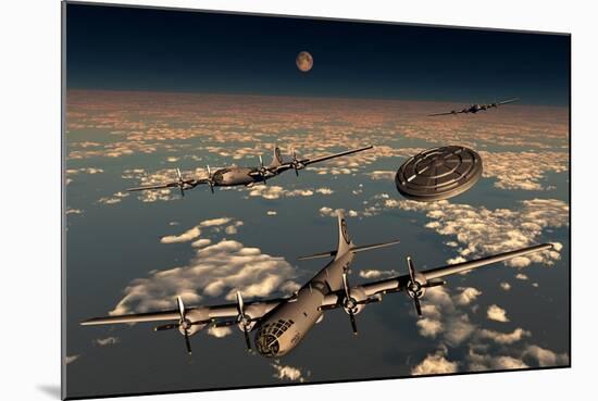 A Ufo Buzzing a Group of B-29 Superfortress Aircraft-null-Mounted Art Print