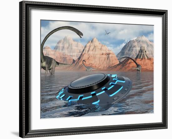 A UFO Catches the Attention of Curious Omeisaurus Dinosaurs-Stocktrek Images-Framed Photographic Print