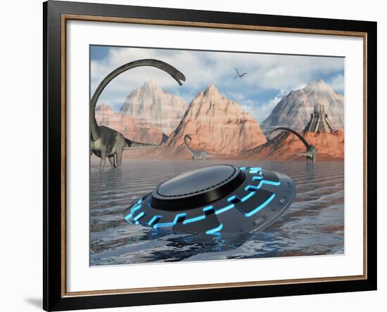 A UFO Catches the Attention of Curious Omeisaurus Dinosaurs-Stocktrek Images-Framed Photographic Print