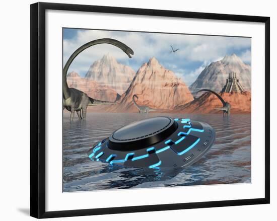A UFO Catches the Attention of Curious Omeisaurus Dinosaurs-Stocktrek Images-Framed Photographic Print