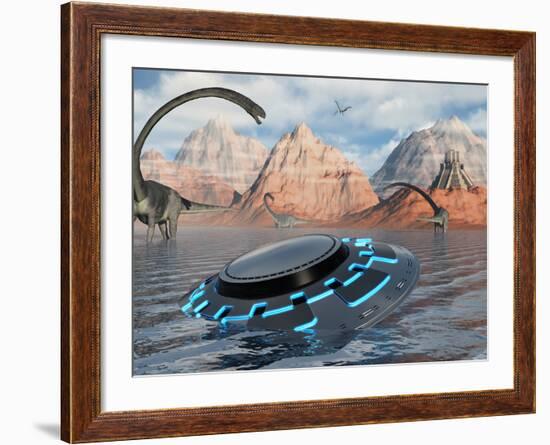 A UFO Catches the Attention of Curious Omeisaurus Dinosaurs-Stocktrek Images-Framed Photographic Print