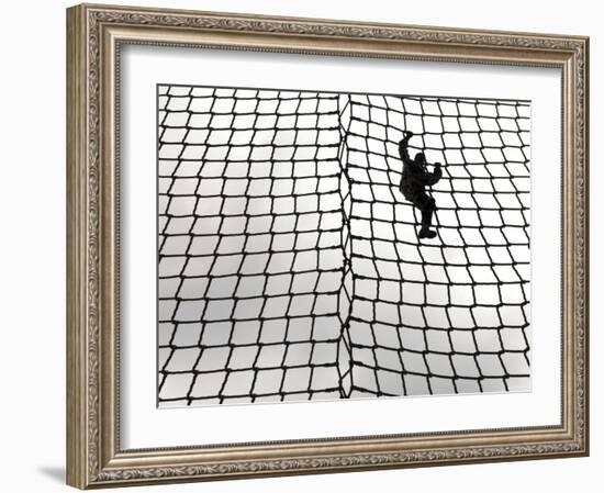 A US Army Soldier-In-Training Makes Her Way Down the Rope Ladder at Victory Tower-Stocktrek Images-Framed Photographic Print