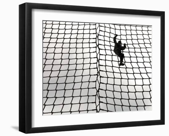 A US Army Soldier-In-Training Makes Her Way Down the Rope Ladder at Victory Tower-Stocktrek Images-Framed Photographic Print