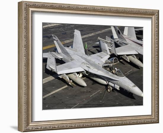 A US Navy F/A-18C Hornet Parked on the Flight Deck of USS Nimitz-Stocktrek Images-Framed Photographic Print