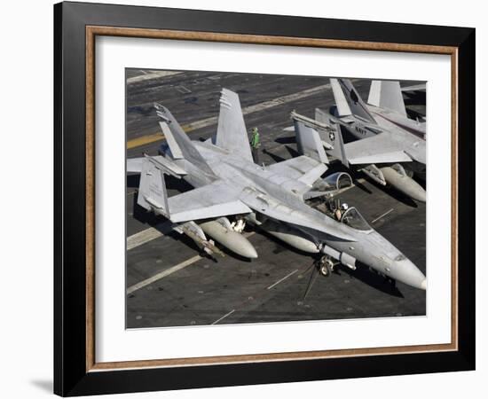 A US Navy F/A-18C Hornet Parked on the Flight Deck of USS Nimitz-Stocktrek Images-Framed Photographic Print