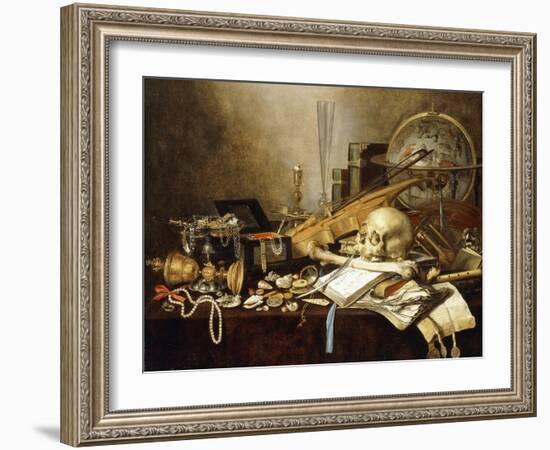 A Vanitas Still Life of Musical Instruments and Manuscripts, an Overturned Gilt Covered Goblet, a…-Pieter Claesz-Framed Giclee Print