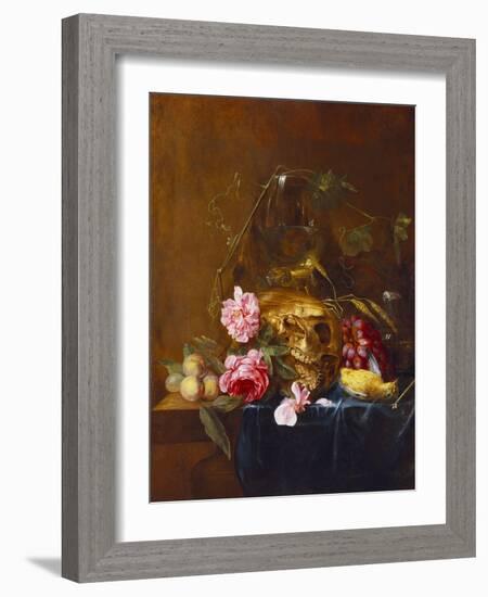 A Vanitas Still-Life with a Skull, a Conical Roemer,  a Dead Finch, Wheat, Grapes, Wild Roses and…-Nicolaes van Veerendael-Framed Giclee Print