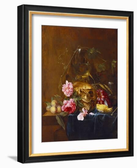 A Vanitas Still-Life with a Skull, a Conical Roemer,  a Dead Finch, Wheat, Grapes, Wild Roses and…-Nicolaes van Veerendael-Framed Giclee Print