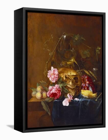 A Vanitas Still-Life with a Skull, a Conical Roemer,  a Dead Finch, Wheat, Grapes, Wild Roses and…-Nicolaes van Veerendael-Framed Premier Image Canvas