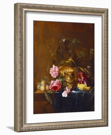 A Vanitas Still-Life with a Skull, a Conical Roemer,  a Dead Finch, Wheat, Grapes, Wild Roses and…-Nicolaes van Veerendael-Framed Giclee Print