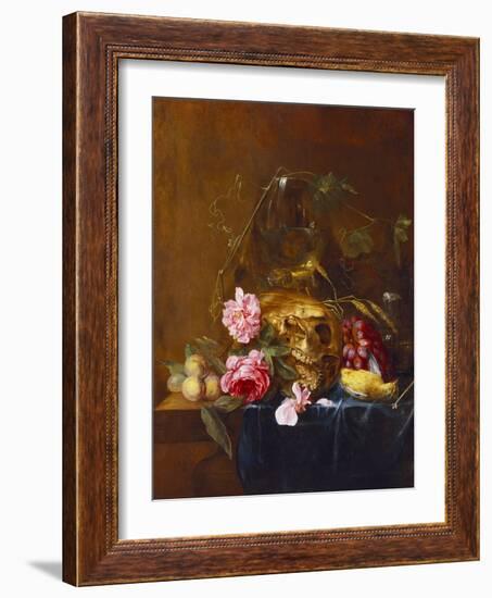 A Vanitas Still-Life with a Skull, a Conical Roemer,  a Dead Finch, Wheat, Grapes, Wild Roses and…-Nicolaes van Veerendael-Framed Giclee Print