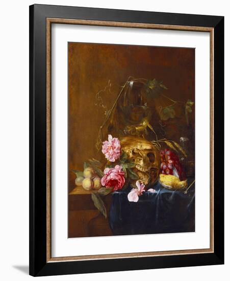 A Vanitas Still-Life with a Skull, a Conical Roemer,  a Dead Finch, Wheat, Grapes, Wild Roses and…-Nicolaes van Veerendael-Framed Giclee Print