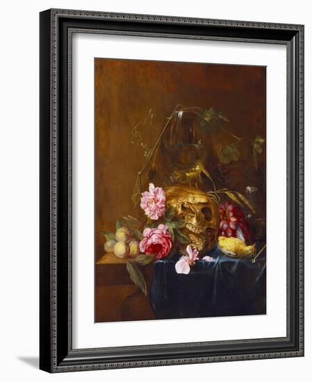 A Vanitas Still-Life with a Skull, a Conical Roemer,  a Dead Finch, Wheat, Grapes, Wild Roses and…-Nicolaes van Veerendael-Framed Giclee Print