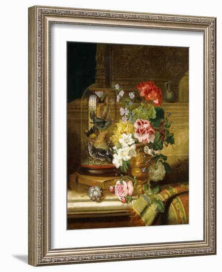 A Vase of Assorted Flowers and Songbirds on a Ledge, 1867-William John Wainwright-Framed Giclee Print