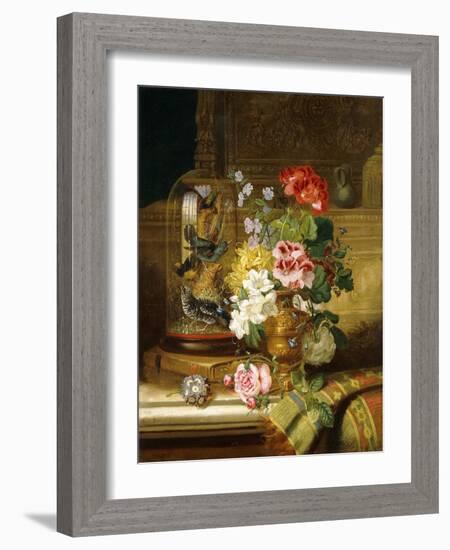 A Vase of Assorted Flowers and Songbirds on a Ledge, 1867-William John Wainwright-Framed Giclee Print