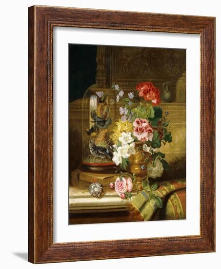 A Vase of Assorted Flowers and Songbirds on a Ledge, 1867-William John Wainwright-Framed Giclee Print