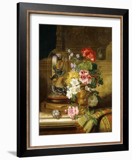 A Vase of Assorted Flowers and Songbirds on a Ledge, 1867-William John Wainwright-Framed Giclee Print