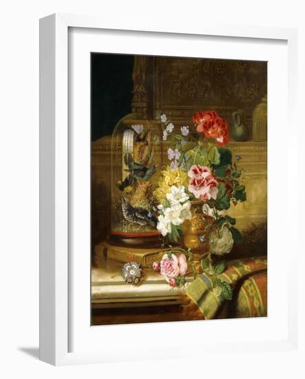 A Vase of Assorted Flowers and Songbirds on a Ledge, 1867-William John Wainwright-Framed Giclee Print