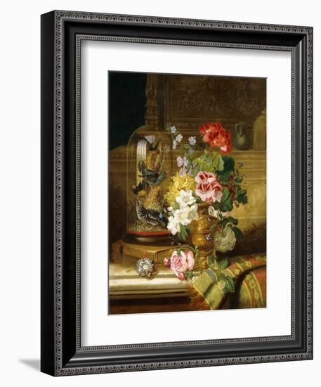 A Vase of Assorted Flowers and Songbirds on a Ledge, 1867-William John Wainwright-Framed Giclee Print