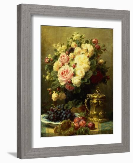 A Vase of Roses and a Tankard on a Table-Jean Baptiste Robie-Framed Giclee Print