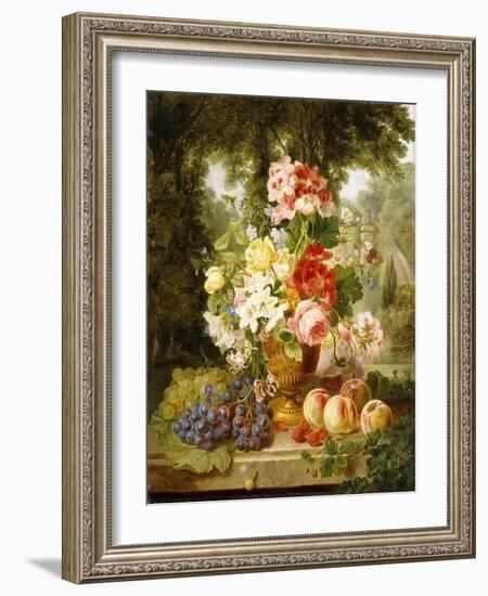 A Vase of Summer Flowers and Fruit on a Ledge in a Landscape, 1867-William John Wainwright-Framed Giclee Print