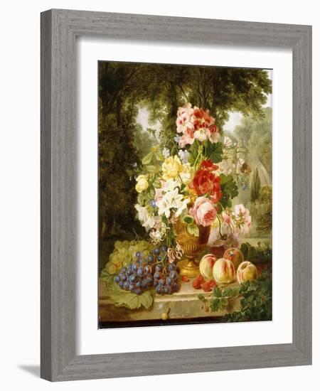 A Vase of Summer Flowers and Fruit on a Ledge in a Landscape, 1867-William John Wainwright-Framed Giclee Print