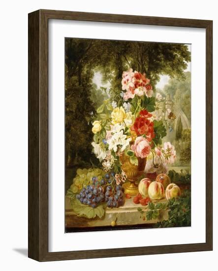 A Vase of Summer Flowers and Fruit on a Ledge in a Landscape, 1867-William John Wainwright-Framed Giclee Print