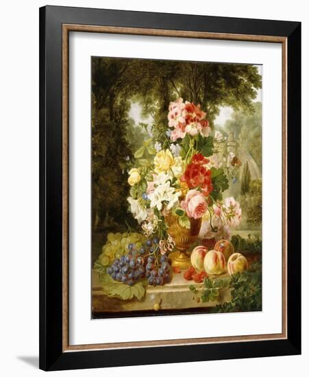 A Vase of Summer Flowers and Fruit on a Ledge in a Landscape, 1867-William John Wainwright-Framed Giclee Print