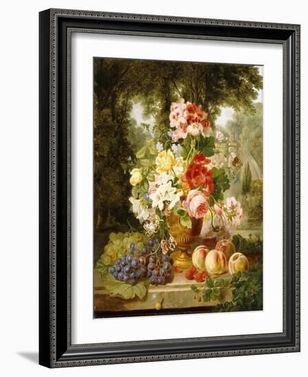 A Vase of Summer Flowers and Fruit on a Ledge in a Landscape, 1867-William John Wainwright-Framed Giclee Print